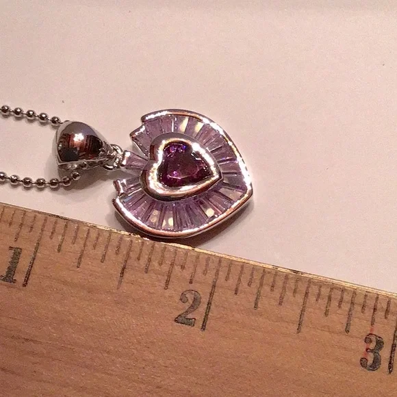 New Heart Necklace/Earring Silver tone rhodium plated. Lilac & Amethyst CZ’S - Picture 2 of 7